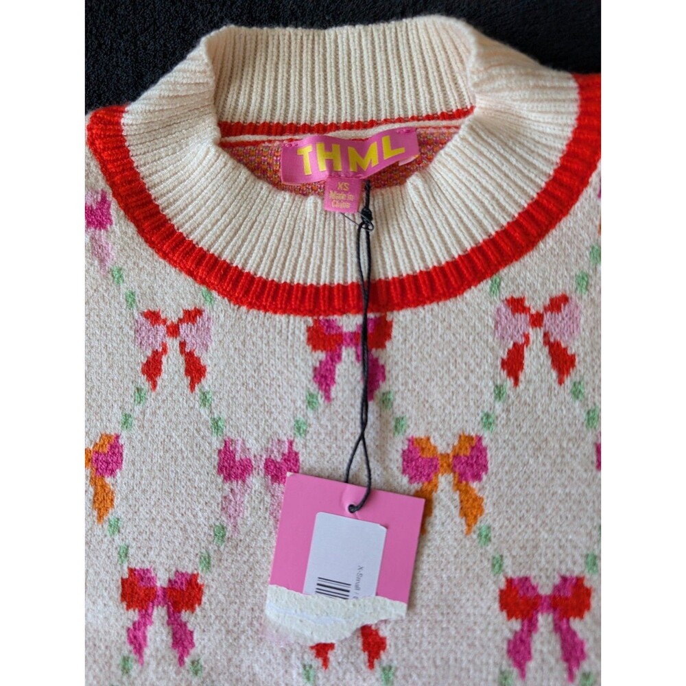 NWT Bow Print Coquette Artsy Cream Sweater Colorful Preppy - Picture 8 of 15